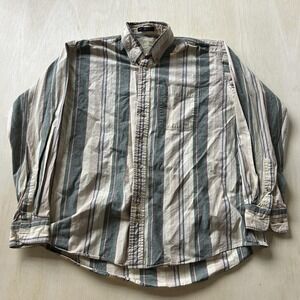 Vintage 90s Shirt Mens Large Beige Green Stripe Long Sleeve Cotton Button Up